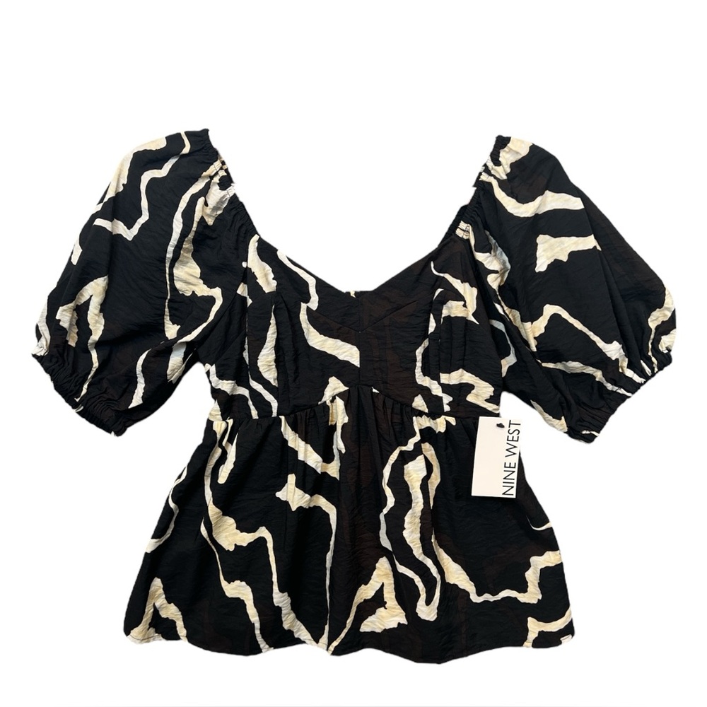 Nine West Women's Babydoll Black and White Short Balloon Sleeves Top, Size XS - Picture 8 of 11